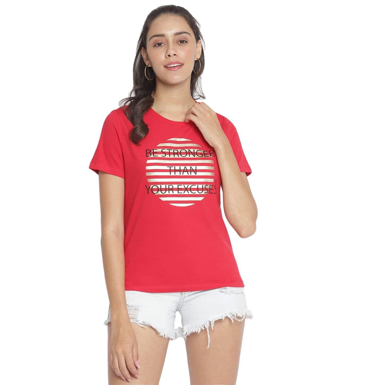 Marc Loire Women's Cotton Red Foil Printed Casual T-Shirt Top with Round Neck & Short Sleeves