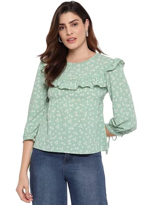 Marc Loire Women's Floral Printed Fashion Western Party & Casual Wear Top with Frills and Lace