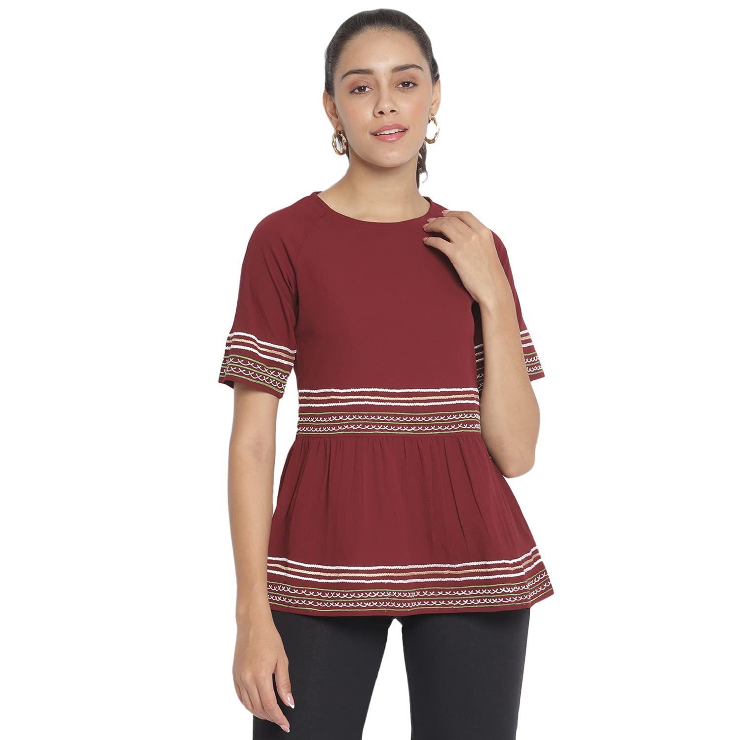 Marc Loire Women's Crepe Round Neck Embroidered Peplum Casual Top