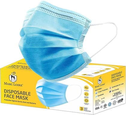 Marc Loire Non-woven Fabric 3 Layered Disposable Face Mask with inbuilt Nose Clip CE, ISO & GMP Certified