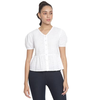 Marc Loire Women's Pure Cotton Buttoned Schiffli Casual Top with Short Sleeves