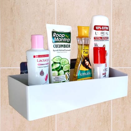 Tdas Bathroom Organizer Shelf Shelves Rack self Adhesive Plastic Holder Rectangular Kitchen Multipurpose shelve Box Wall Mount (White)