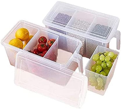 Arni square Handle Refrigerator Food Storage Organizer Plastic Container with Lid 3 Smaller Bins, Transparent (pack of 1)