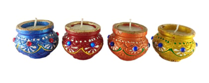 Colorful clay matki diya - multicolor diwali diyas for decoration - mitti diyas - clay diya lamp - wax light candle - diwali diya - set of 4 clay diya lamp