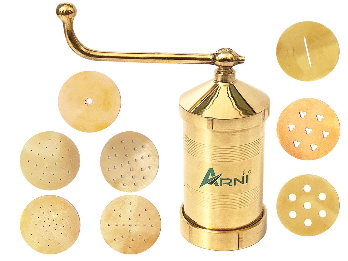 Arni Brass Sev Maker/Sancha/Namkeen Maker with Set of 8 Different Plates (800 gm)