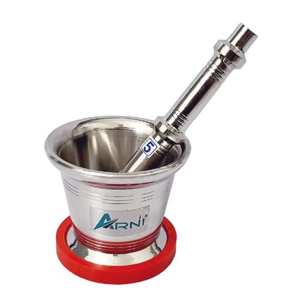 Arni Stainless Steel Mortar Pestle Set Khal Batta Okhli Masher Kharad Crusher Imam Dasta with Rubber Grip Stainless Steel Masher (Pack of 1)No. 5