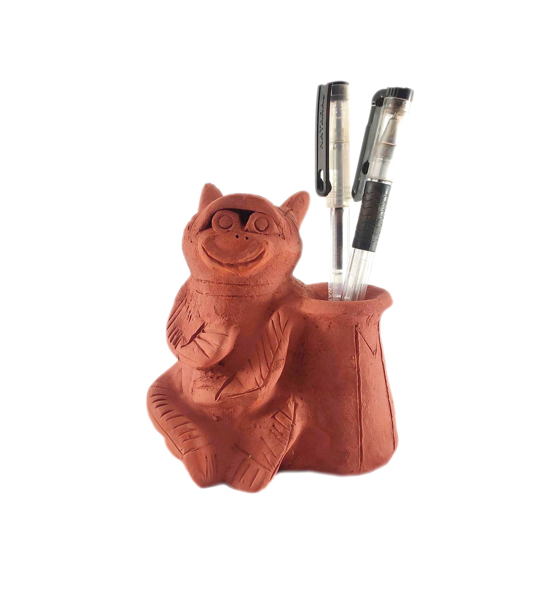 Handmade cute animal clay planters flower pot & pen holder - cat figure lovely creative mitti floral pot - office décor pen holder - decorative pen stand