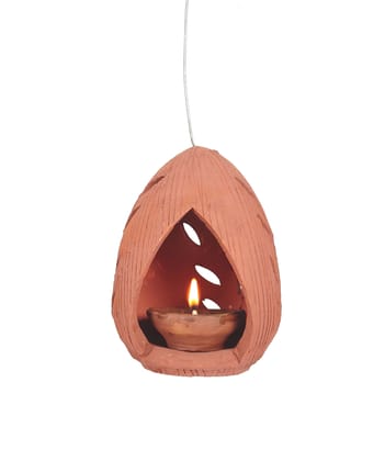 Earthen coconut shape terracotta hanging lamp - handmade clay mitti diya hanging lamp for festive radiance - clay oil lamp for home-balcony decor