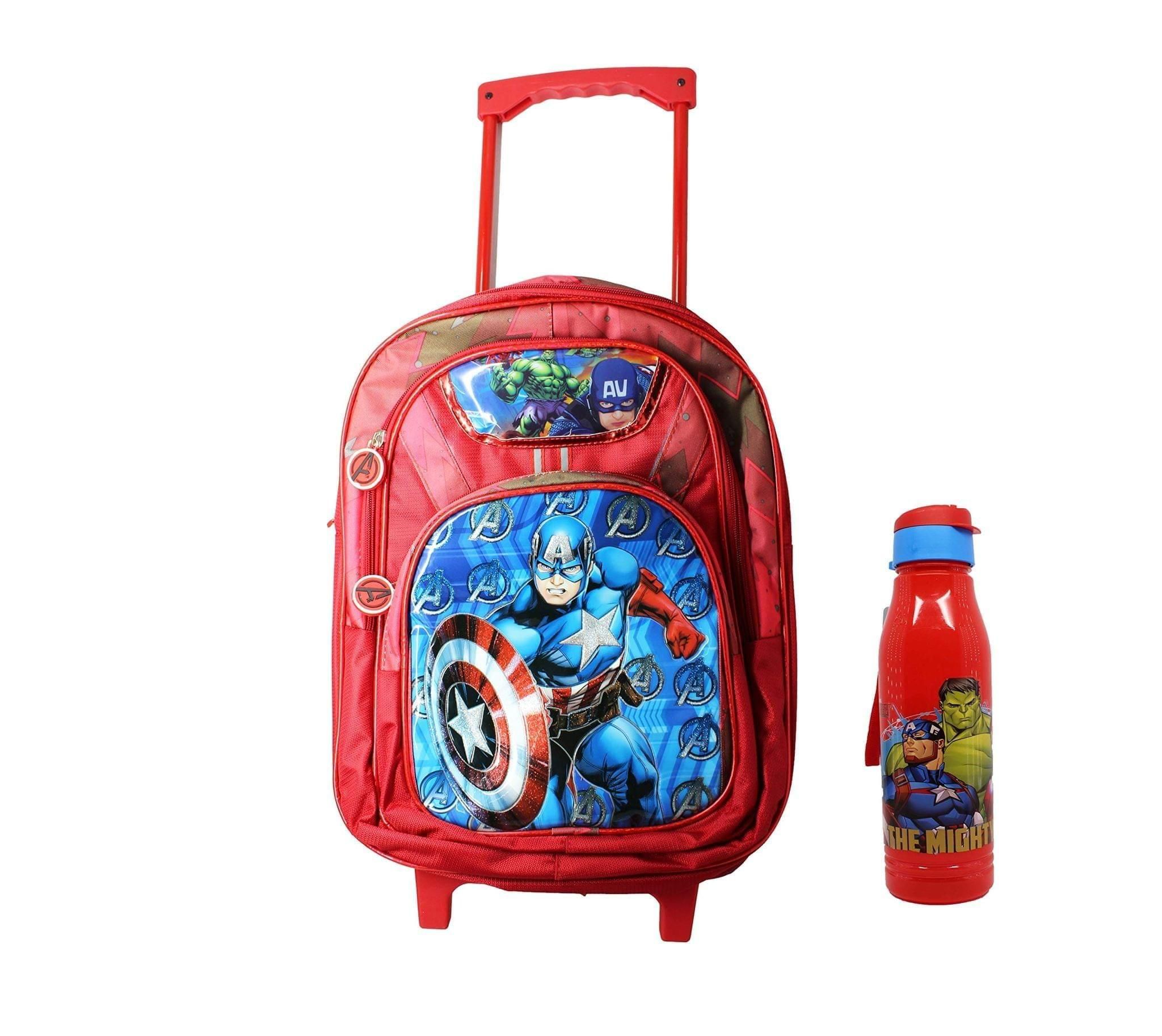 Yuneek Kid's Polyester 5D Embossed Avengers School Trolley Bag (Red, 4-12 Years) with Bottle Free