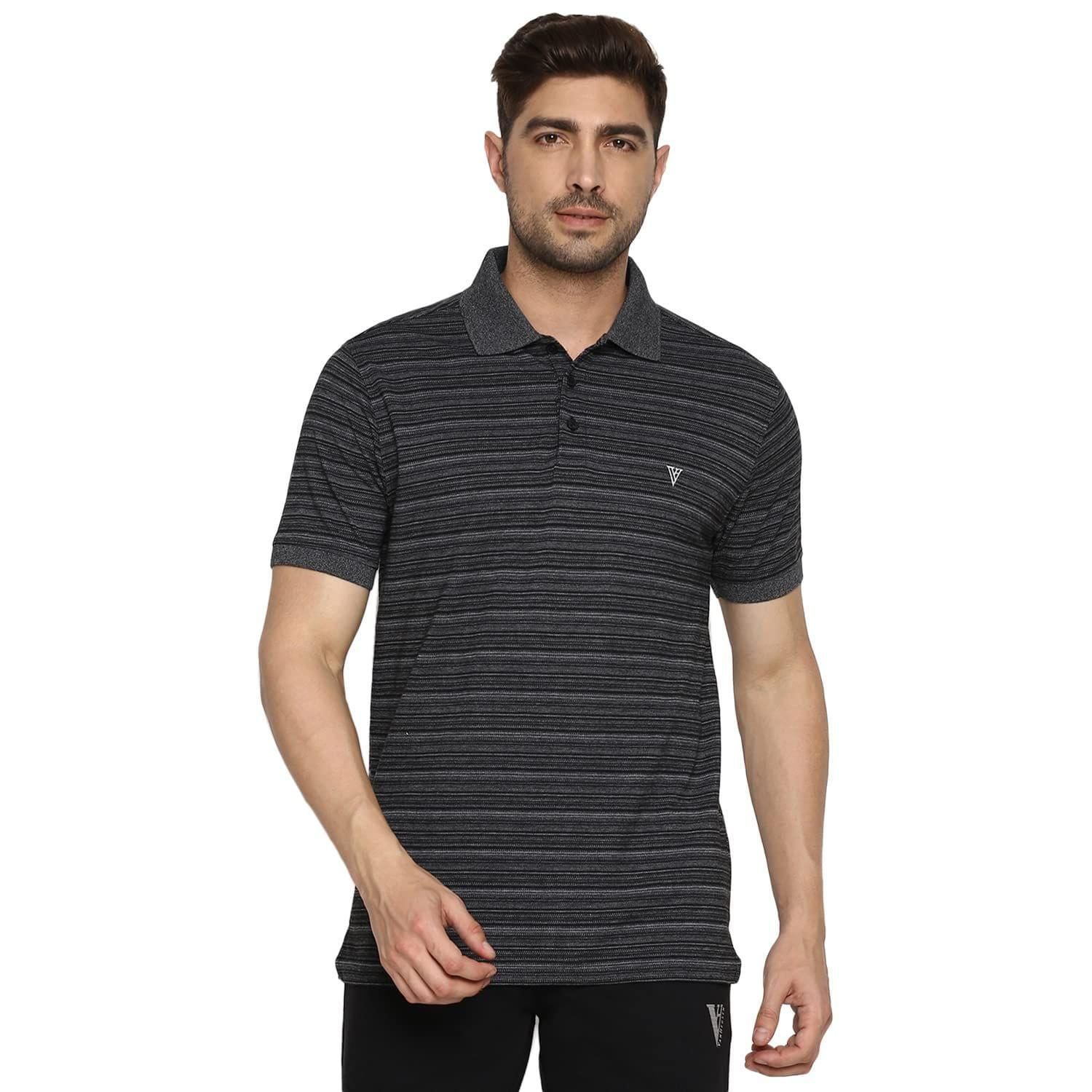 Van Heusen Athleisure Men Polo T-Shirt - Cotton Rich - Ultra Soft, Short Sleeve, Heathered_60043_Black_L