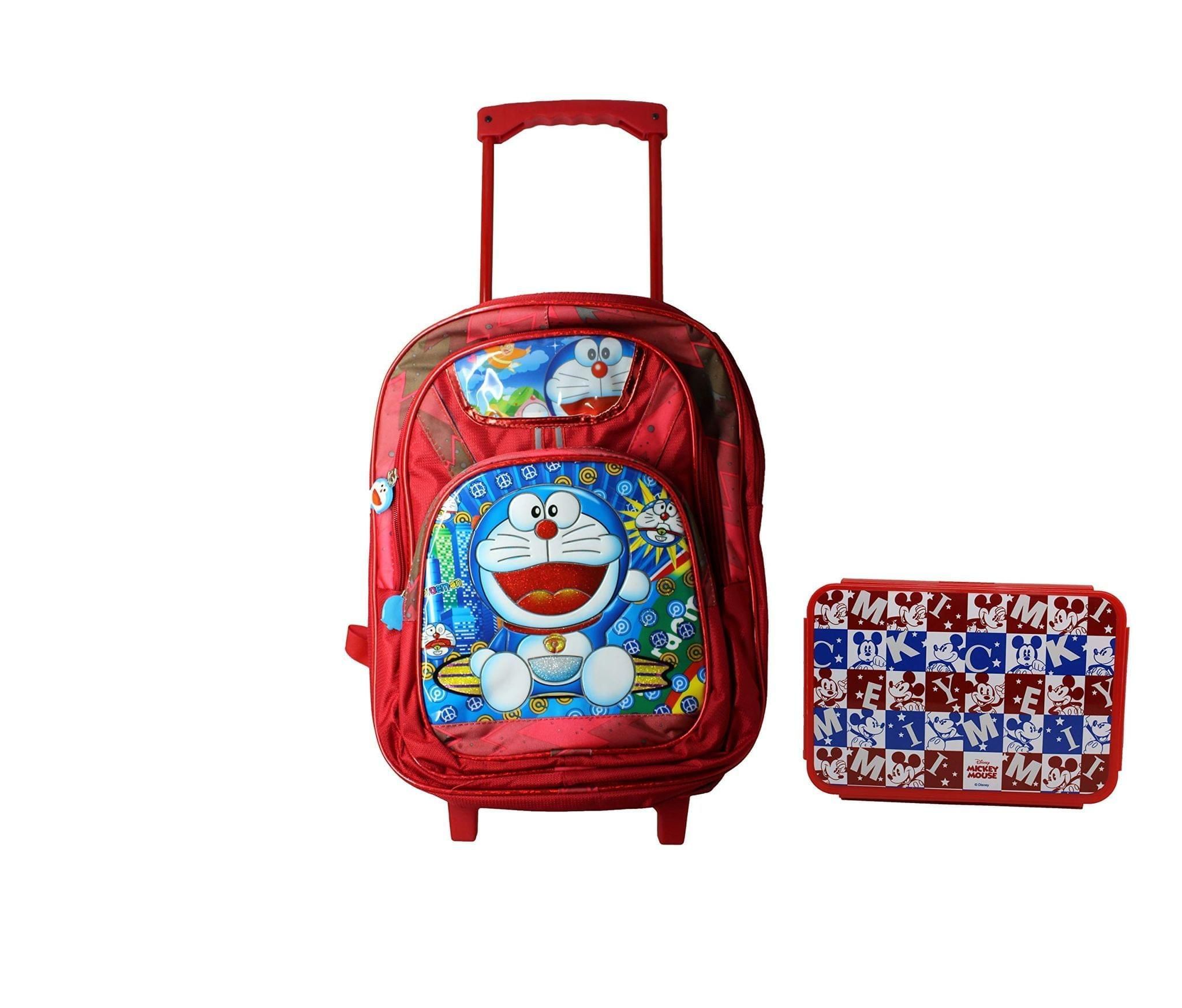 Yuneek Polycarbonate 17 Inch Doraemon Printed Kid's Trolley Bag with Lunch Box (Red)