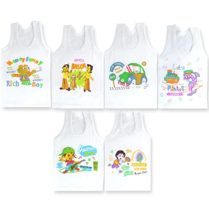 anew Boys Cotton White Printed Vest Pack of 6