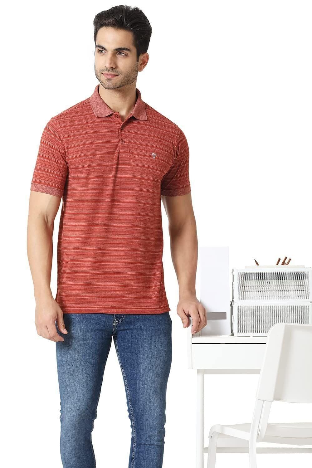 Van Heusen Athleisure Men Polo T-Shirt - Cotton Rich - Ultra Soft, Short Sleeve, Heathered_60043_Burnt Orange_L