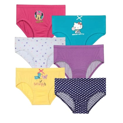 Yuneek Girls Pure Cotton Hipster Inner Elastic Comfortable Multi Color & Assorted Print Panty Pack of 6