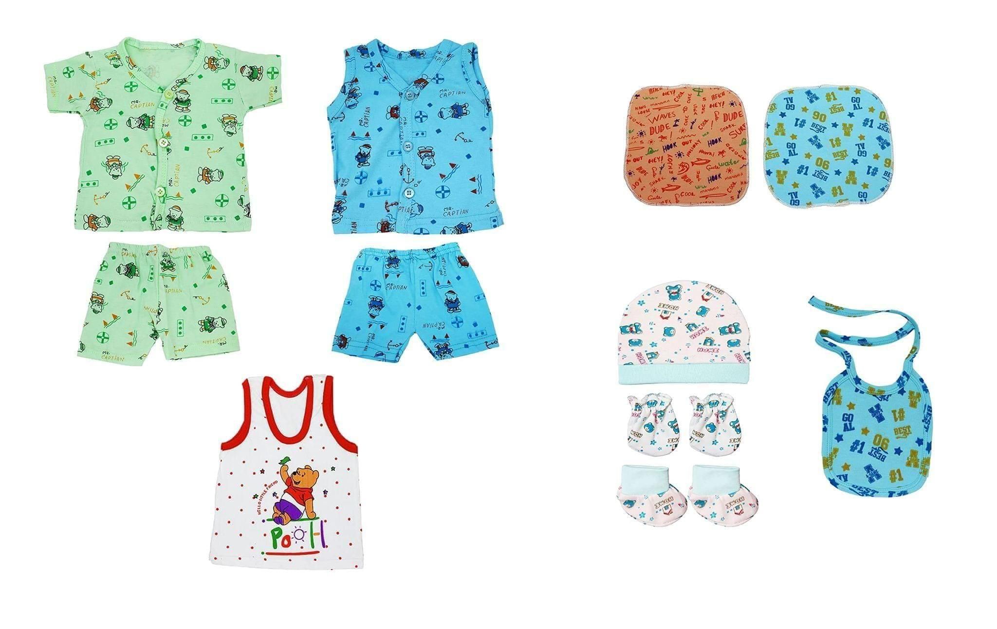 Yuneek Newborn Baby Boy & Baby Girl Multicolor Cotton Clothing Set/Dail Wear/Daily Need Items All in One Combo Pack of (2Front Open Upper and Shorts Set,Cap,Mittens, Booties,Vest, Handkerchief,Bib)