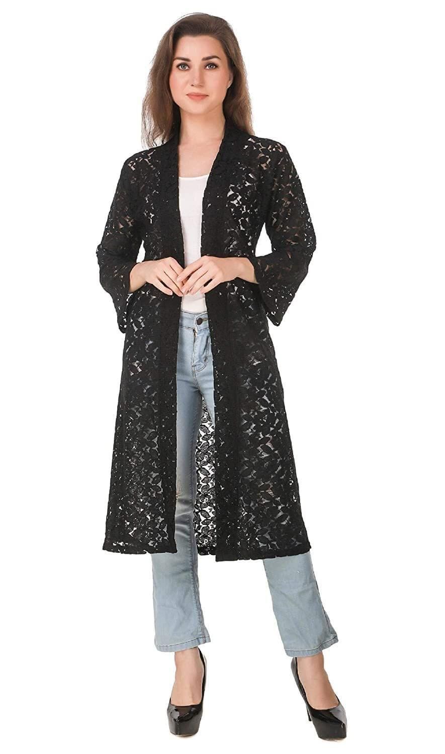 Yuneek Long Length Women Lace Open Front Stylish Long Shrug with Three Fourth Sleeves for Office Wear, Casual Shrug