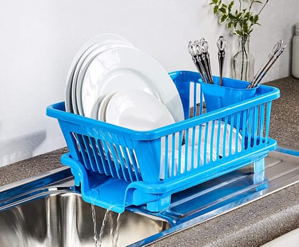 ARNI 3 in 1 Large Sink Set Dish Rack Drainer with Tray for Kitchen, Dish Rack Organizers, BLUE (Plastic)