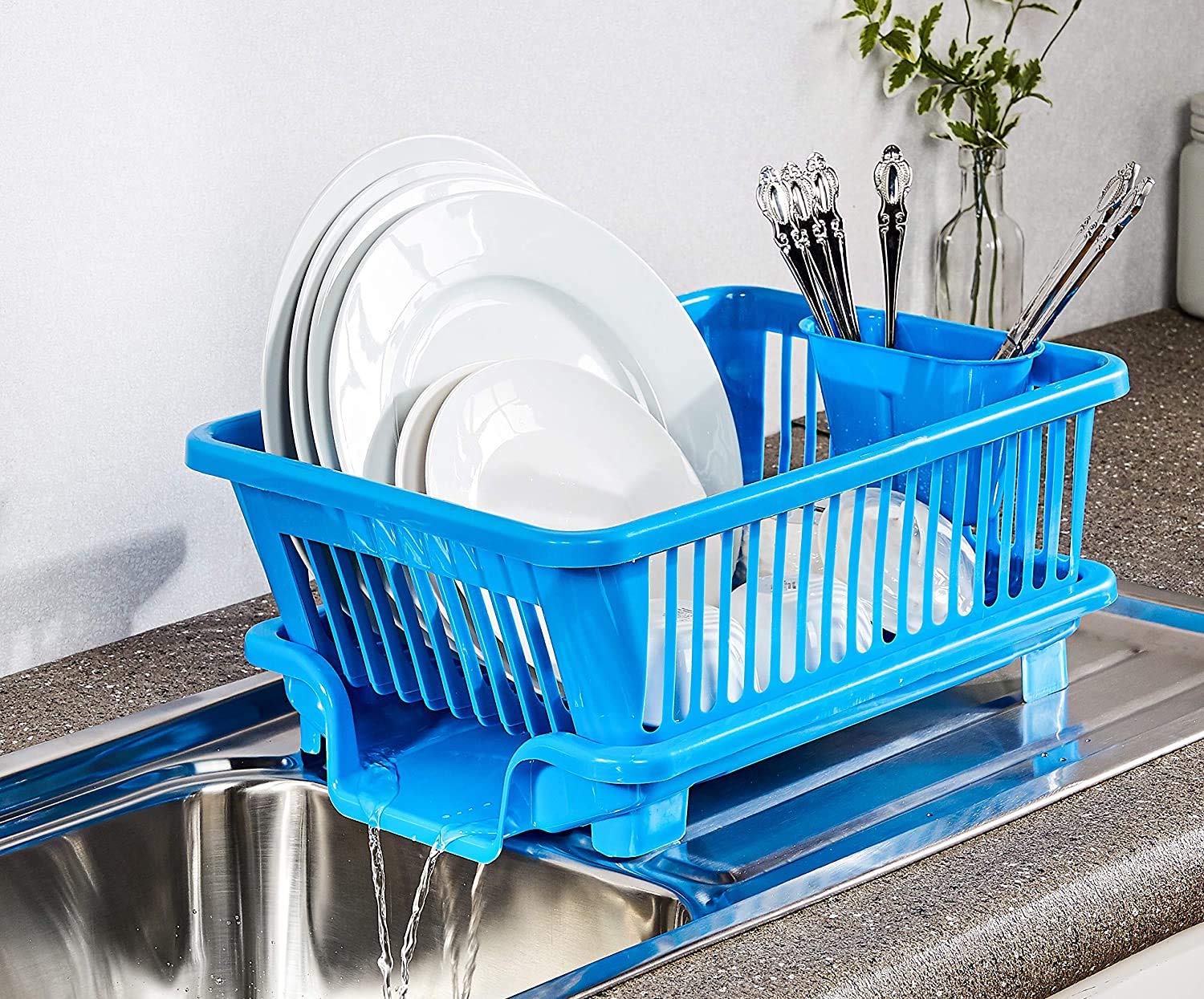 ARNI 3 in 1 Large Sink Set Dish Rack Drainer with Tray for Kitchen, Dish Rack Organizers, BLUE (Plastic)