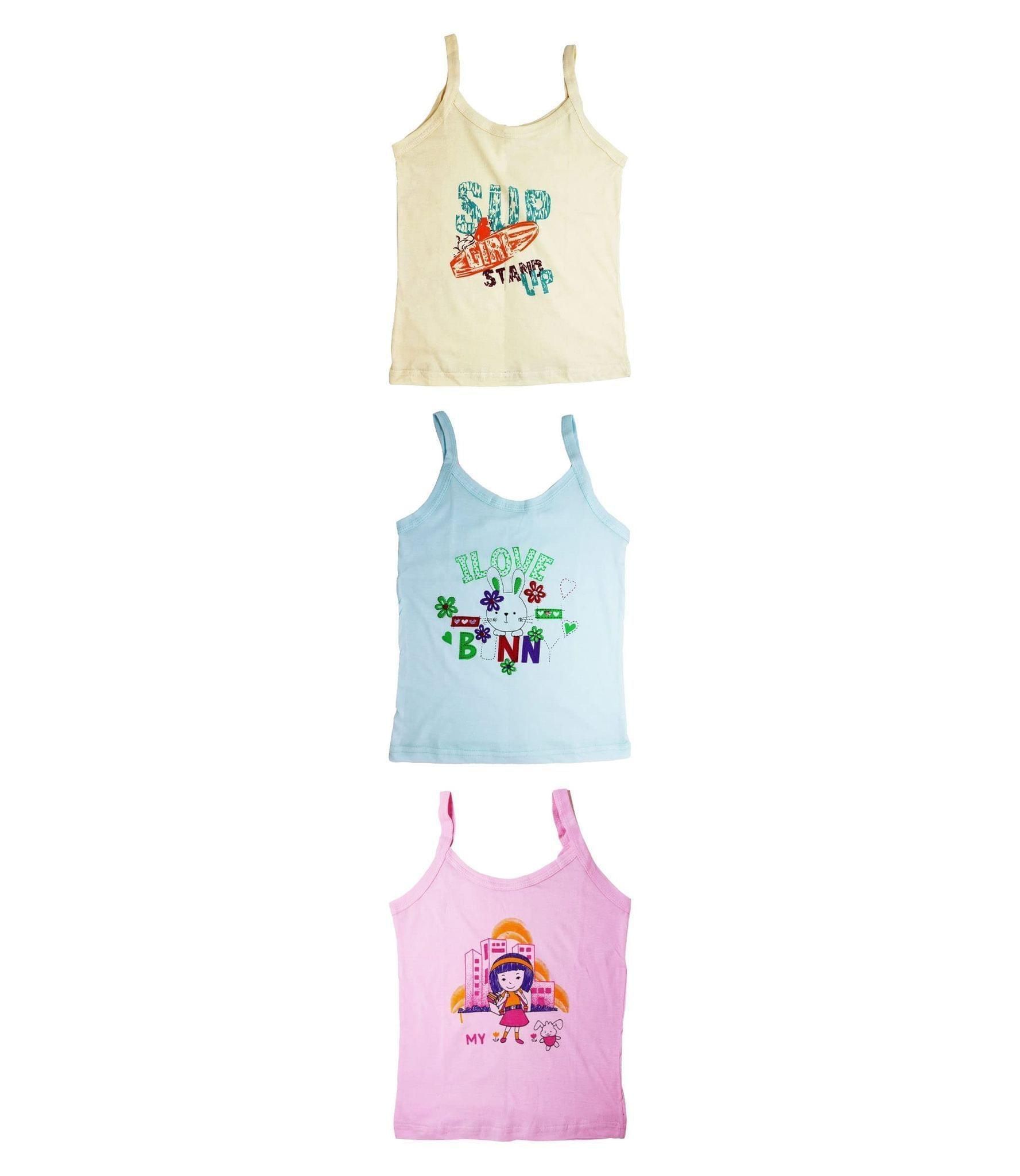 Yuneek Baby Girl's Sleeveless Cotton Camisole Regular Fit Printed Slips - Pack of 3