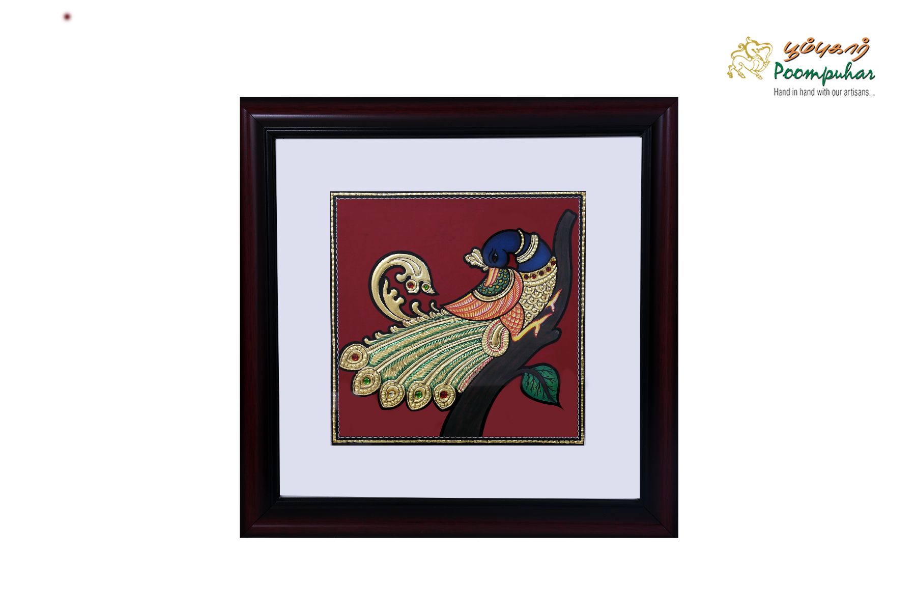 Poompuhar Peacock Tanjore Painting (Gold Foil Work, 12x12 inch), Multicolour )