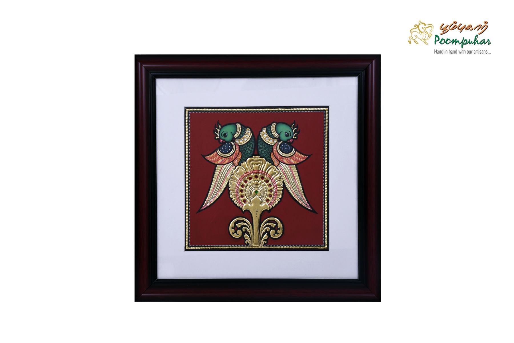 Poompuhar Peacock Tanjore Painting (Gold Foil Work, 12x12 inch), Multicolour )