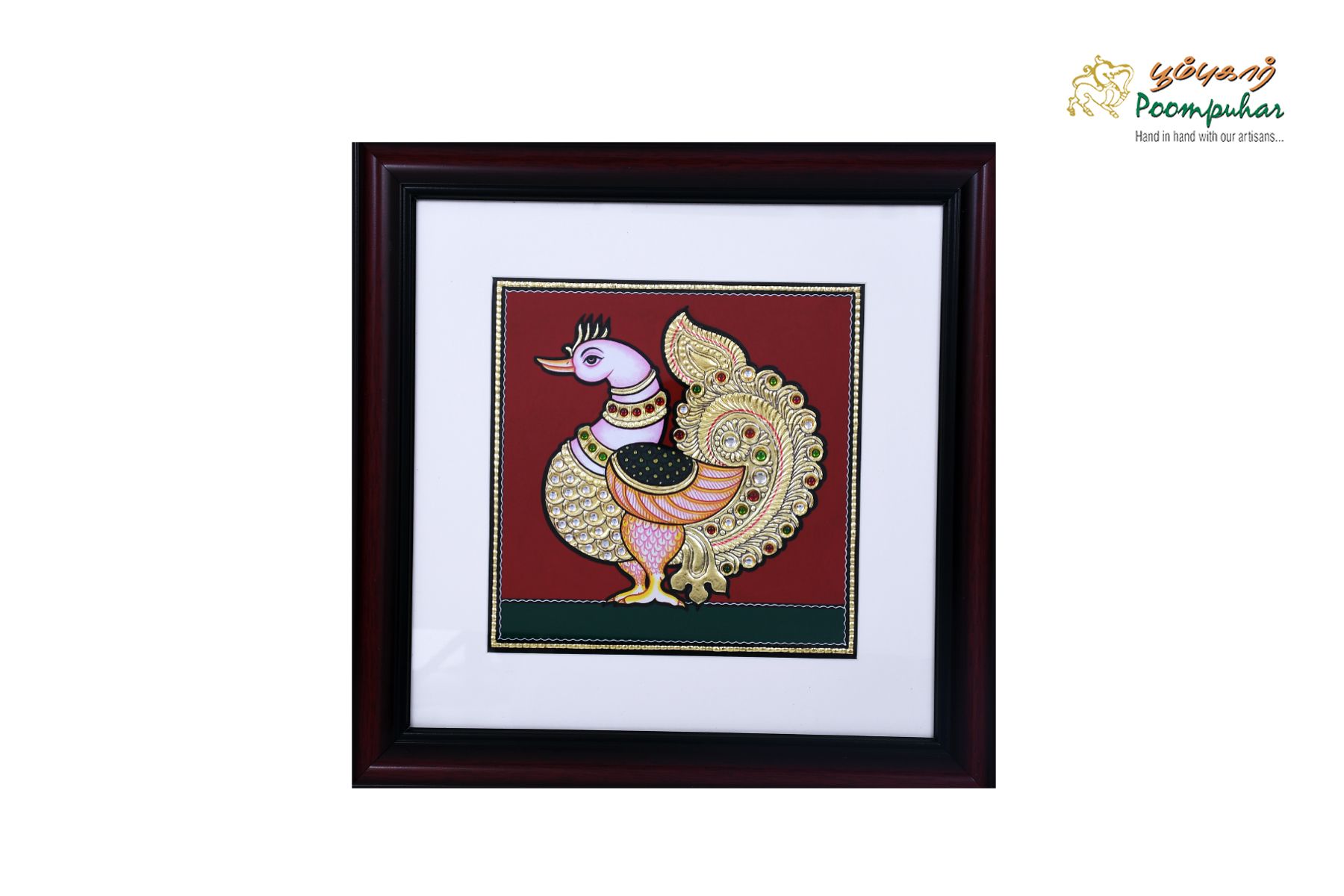 Poompuhar Peacock Tanjore Painting (Gold Foil Work, 12x12 inch), Multicolour )