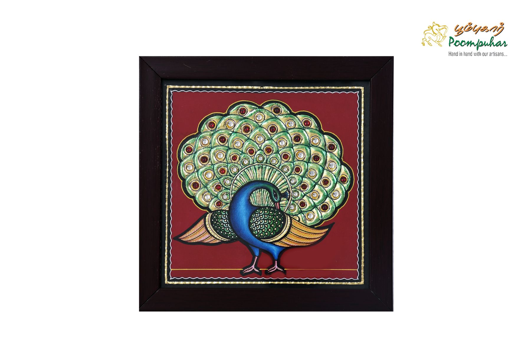 Poompuhar Peacock Tanjore Painting (Gold Foil Work, 7X7 inch), Multicolour )