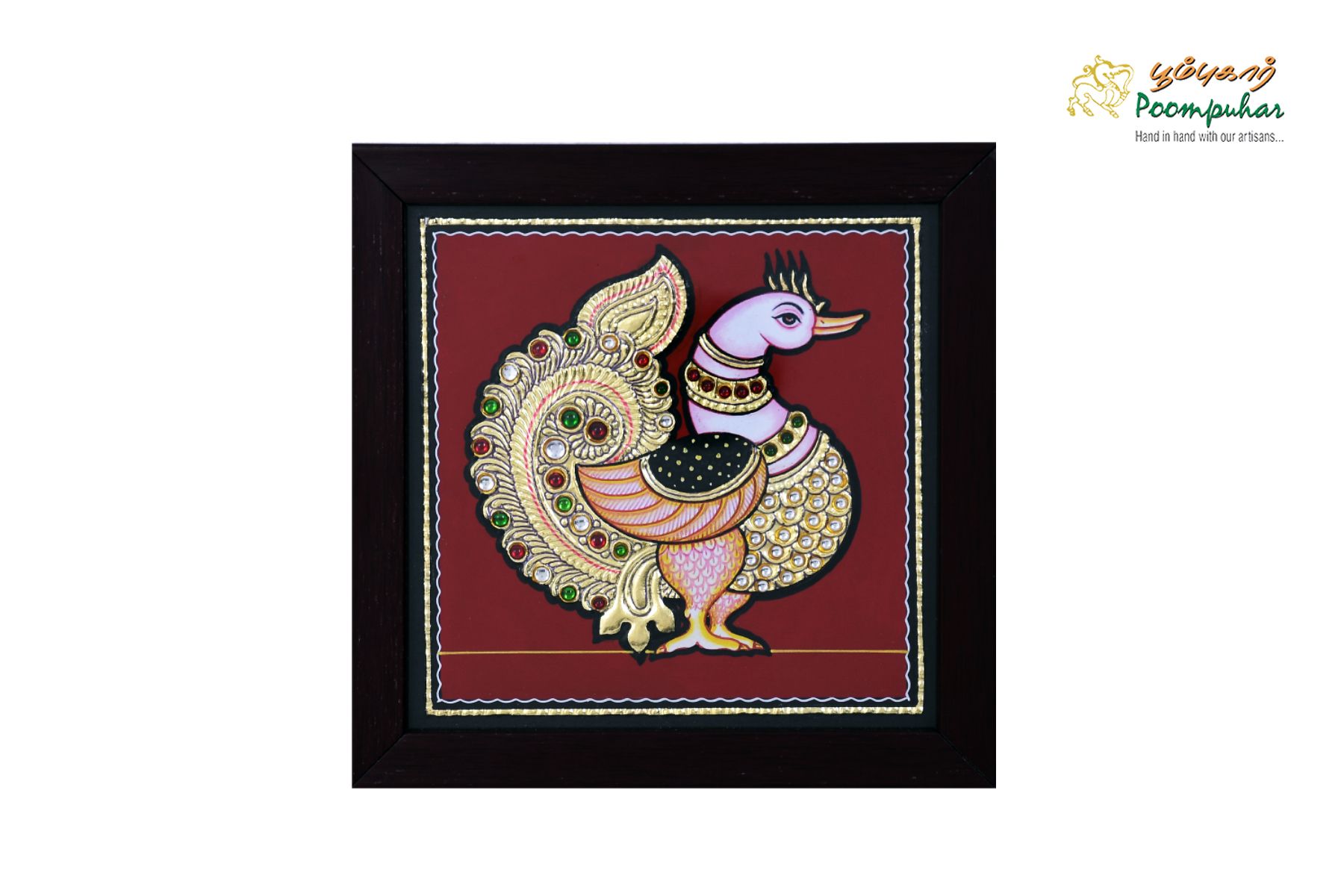 Poompuhar Peacock Tanjore Painting (Gold Foil Work, 7X7 inch), Multicolour )