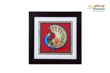 Poompuhar Peacock Tanjore Painting (Gold Foil Work, 10x10 inch), Multicolour )