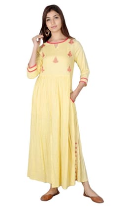 JAIPURETHNICWEAVES Women's Rayon Slub Embroidered Anarkali Kurta (Yellow)