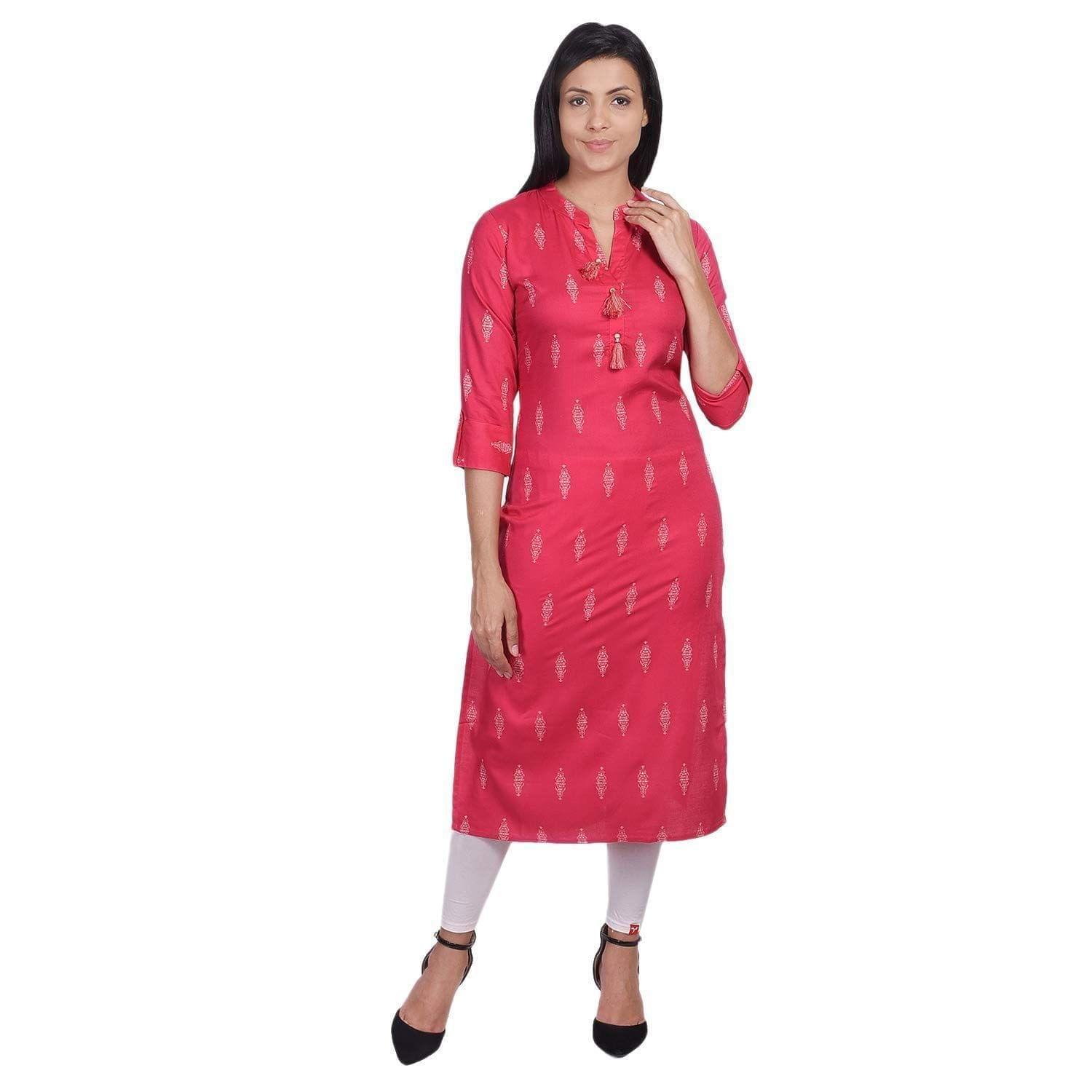 JAIPURETHNICWEAVES Women's Cotton Geometric Printed Straight Kurta (Pink & White)