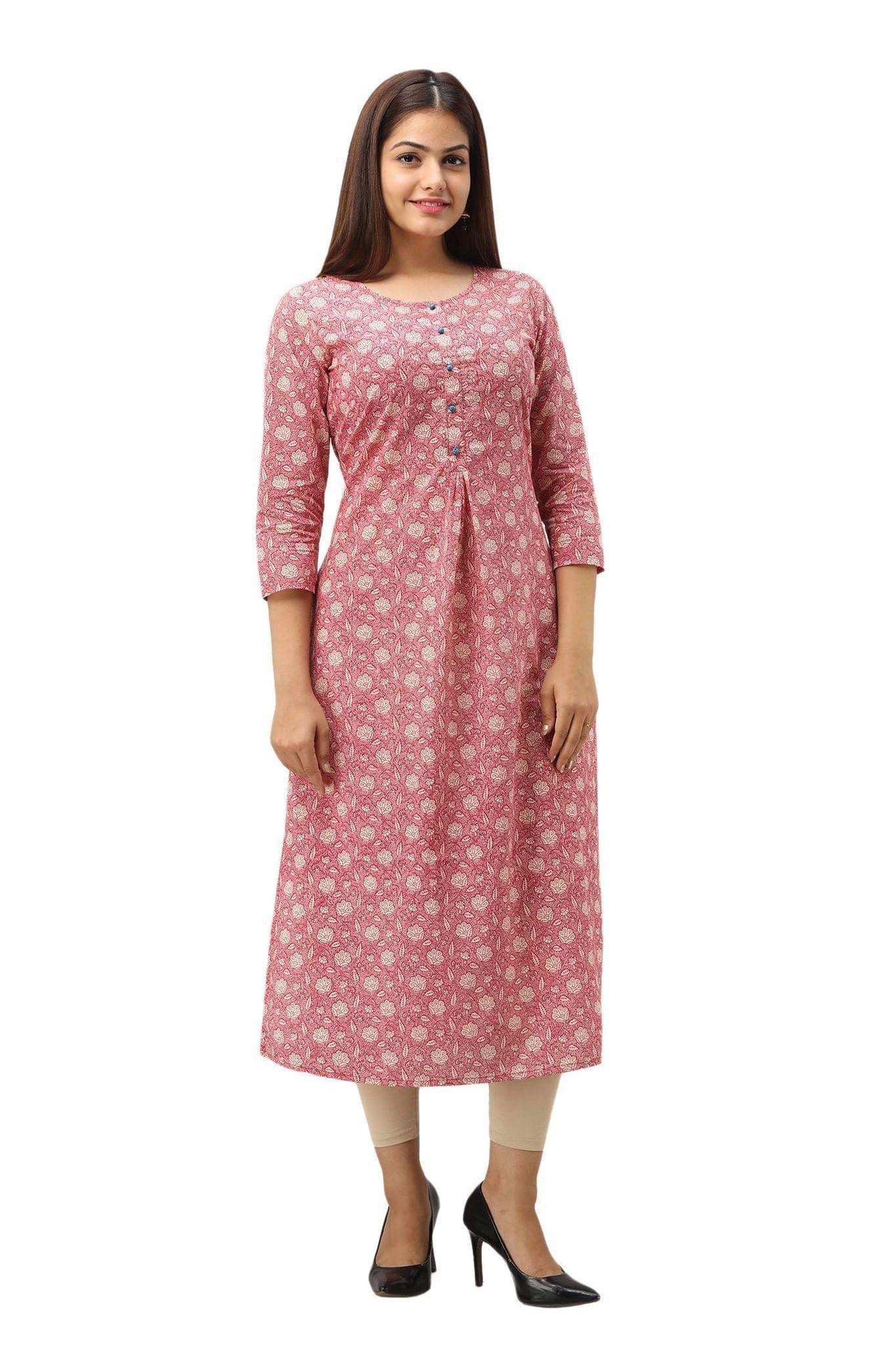 JAIPURETHNICWEAVES Women's Cotton Floral Printed Straight Kurta (Pink)