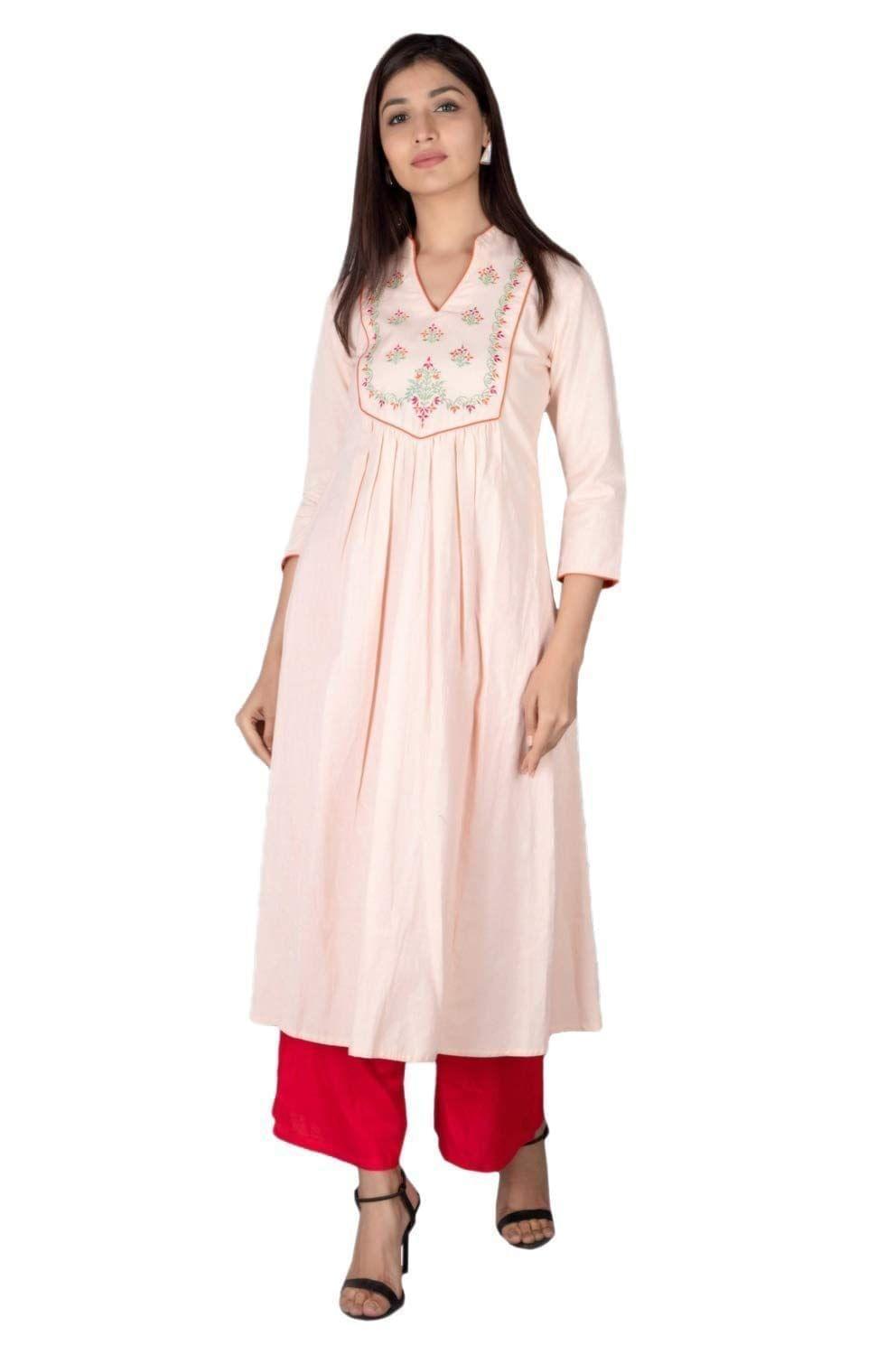 JAIPURETHNICWEAVES Women's Cotton Flax Embroidered A-Line Kurta (Light Pink)