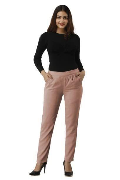 JAIPURETHNICWEAVES Women's Cotton Flax Solid Straight Trouser Pant (Rose)