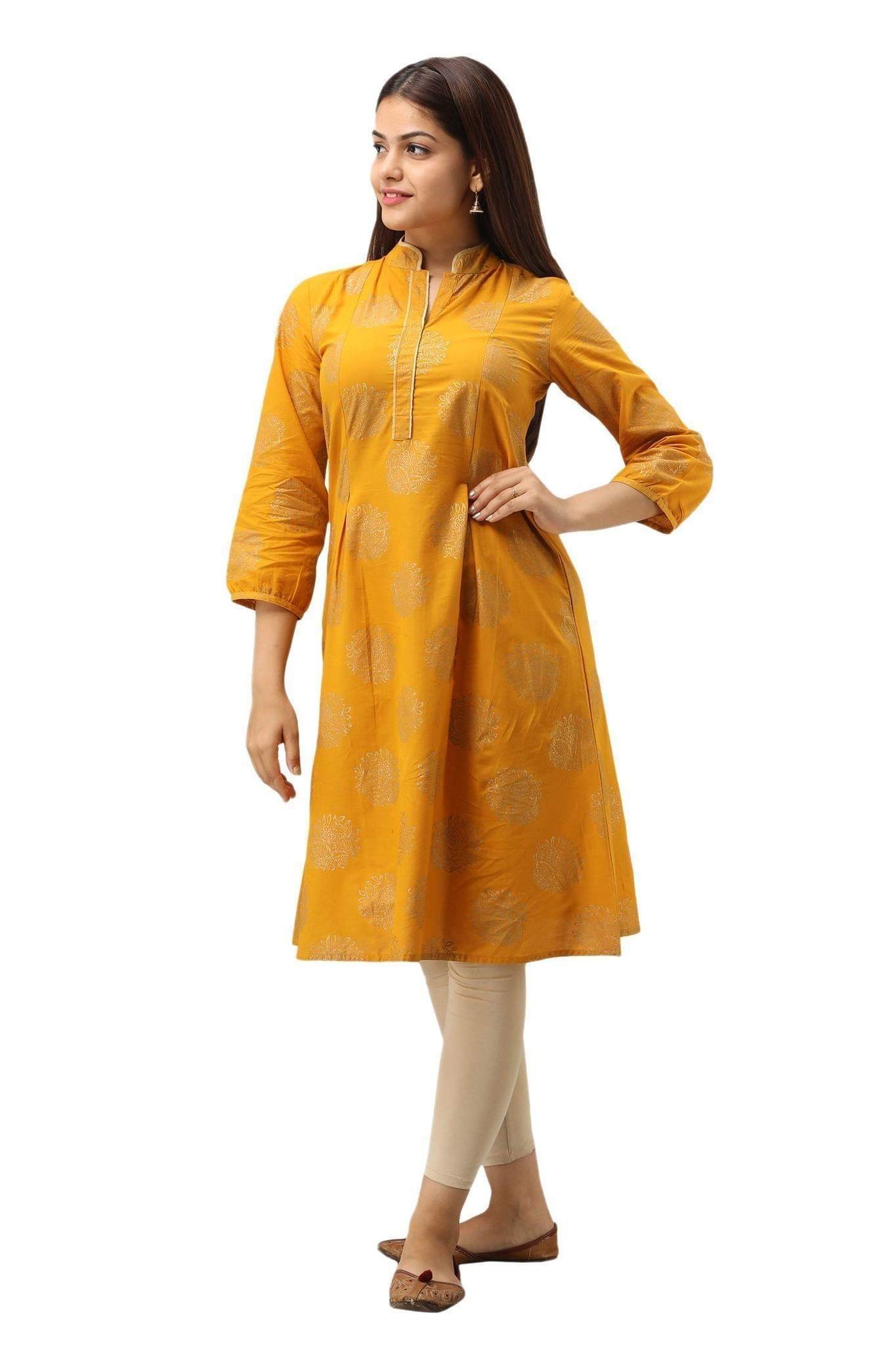 JAIPURETHNICWEAVES Women's Cotton Geometric Printed A-Line Kurta (Mustard)