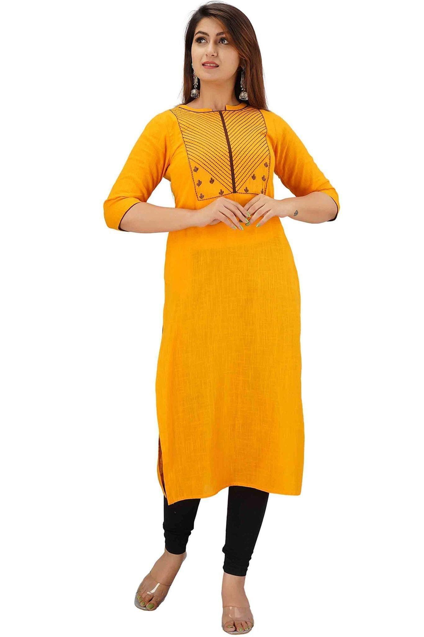 JAIPURETHNICWEAVES Women's Cotton Slub Embroidered Straight Kurta (Yellow)