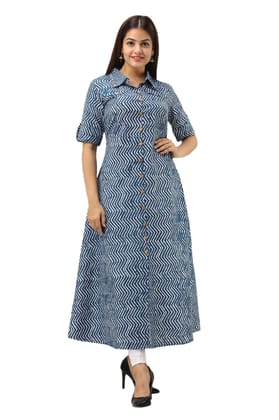 JAIPURETHNICWEAVES Women's Cotton Zig Zag Printed A-Line Kurta (Blue)