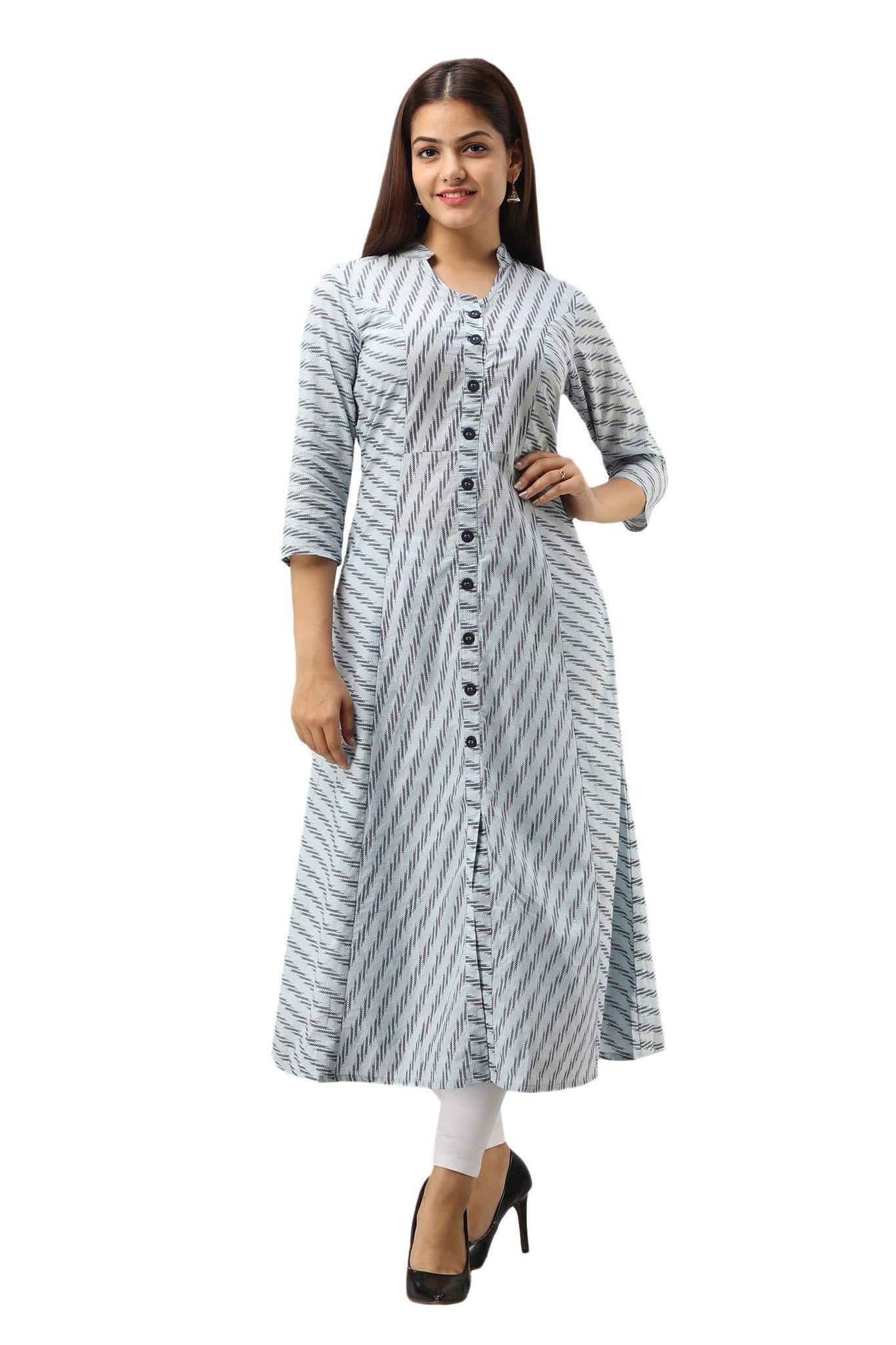 JAIPURETHNICWEAVES Women's Cotton Striped Printed A-Line Kurta (Blue)