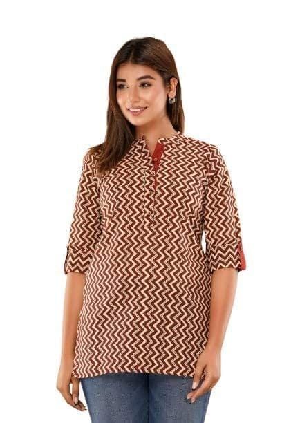 JAIPURETHNICWEAVES Womens Cotton Cambric Geometric Print Straight Tunic (Beige)