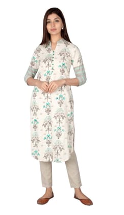 JAIPURETHNICWEAVES Women's Cotton Flax Printed Straight Kurta (Grey & Teal)