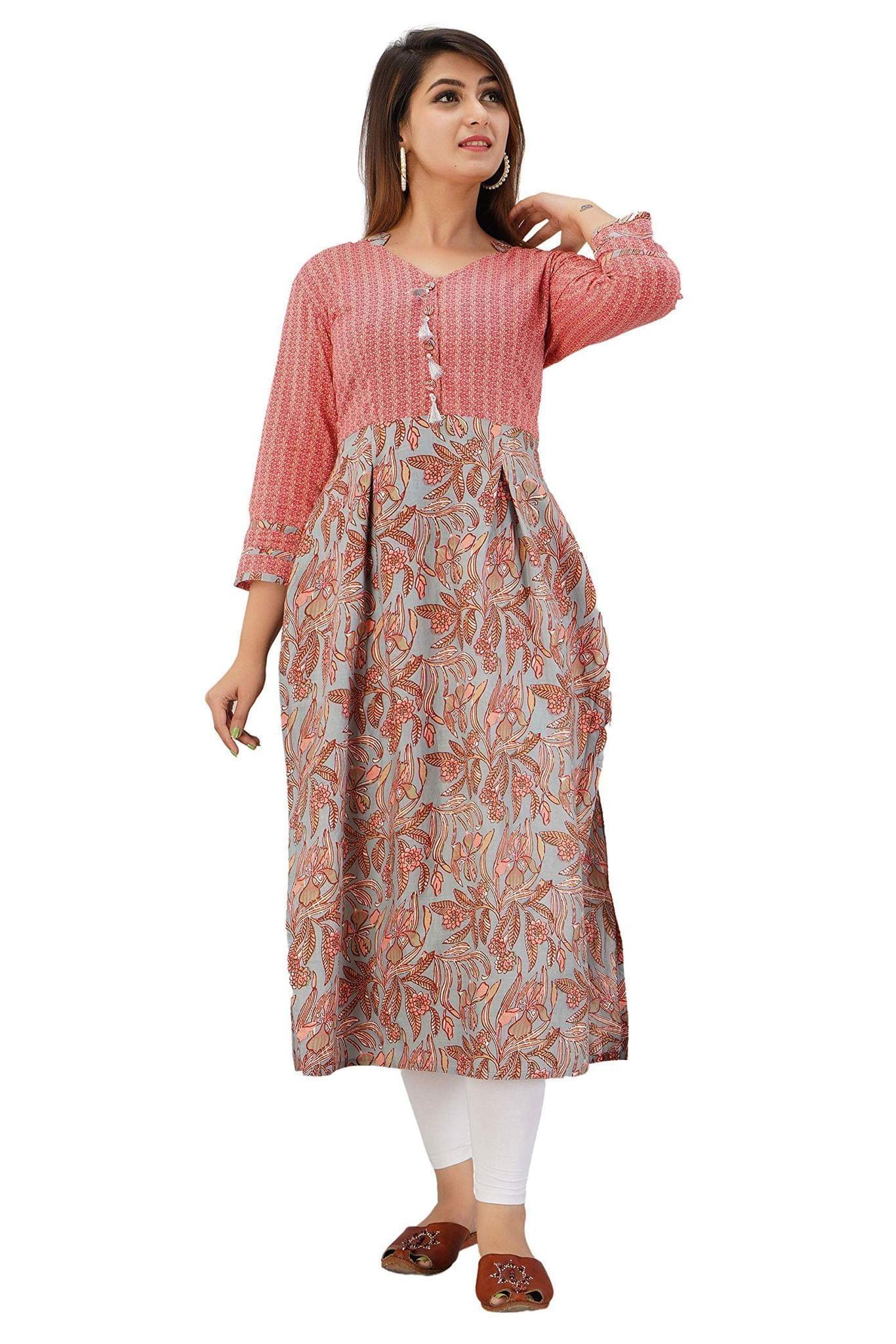 JAIPURETHNICWEAVES Women's Cotton Cambric Floral Printed Straight Kurta (Grey & Pink)