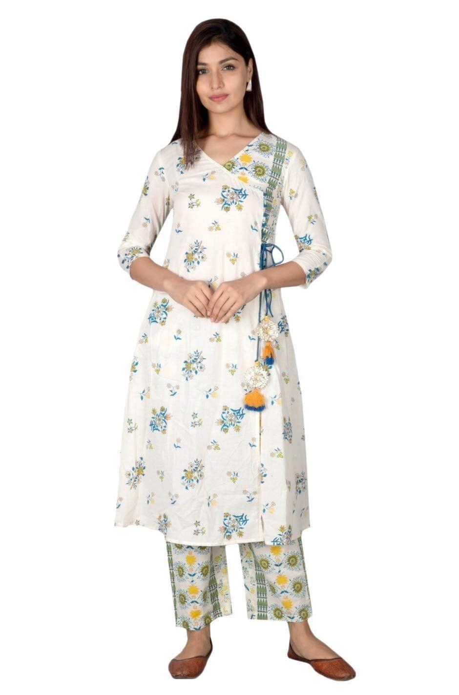 JAIPURETHNICWEAVES Women's Cotton Cambric Floral Printed Angrakha Kurta & Palazzo Set