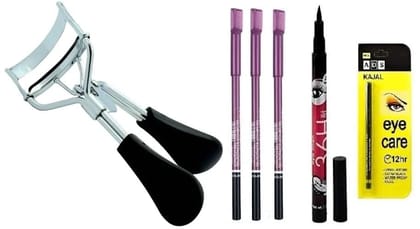 Elecsera Eyelash Curler & Beauty Kajal & 36H Deep Black Liquid Eyeliner Professional Set of 6 Makeup (6 Items in the set)
