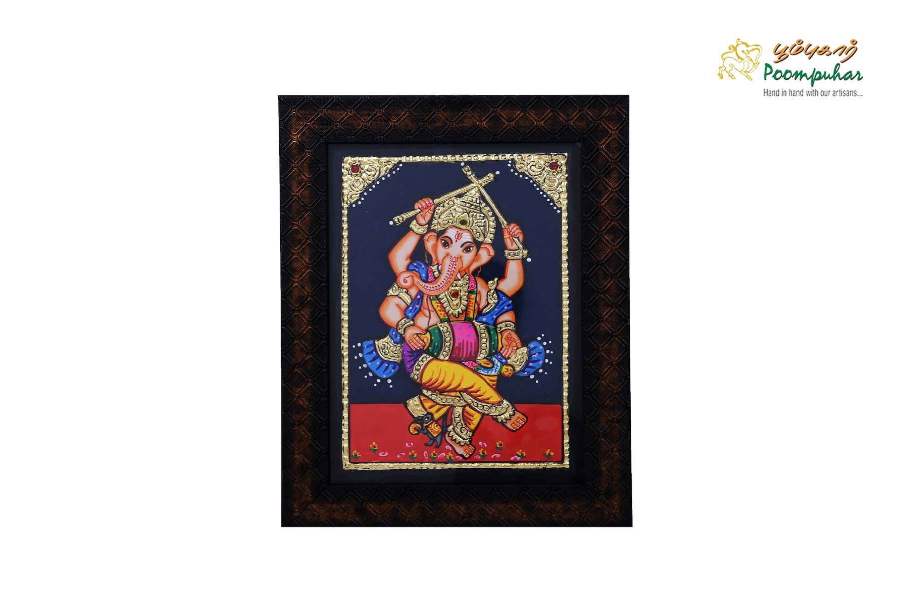 Poompuhar Peacock Tanjore Painting (Gold Foil Work, 8x6 inch), Multicolour )