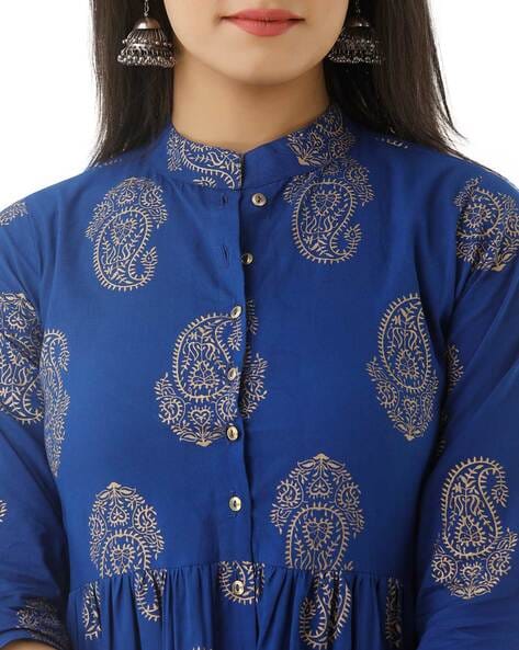 Rayon Gold Print Anarkali Kurta for Womens (Dark Blue)