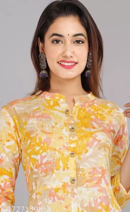 Women Printed Cotton Rayon Anarkali Kurta  (Yellow)