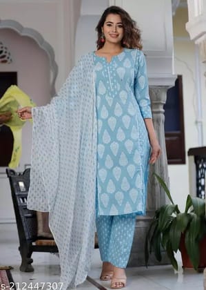 Women Cotton Blend Kurta Pant Dupatta Set