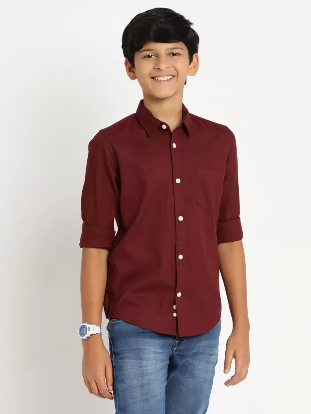 Boys Regular Fit Checkered Spread Collar Casual Shirt-Maroon