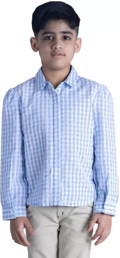 Slim Fit Checkered Spread Collar Casual Shirt-Light SkyBlue