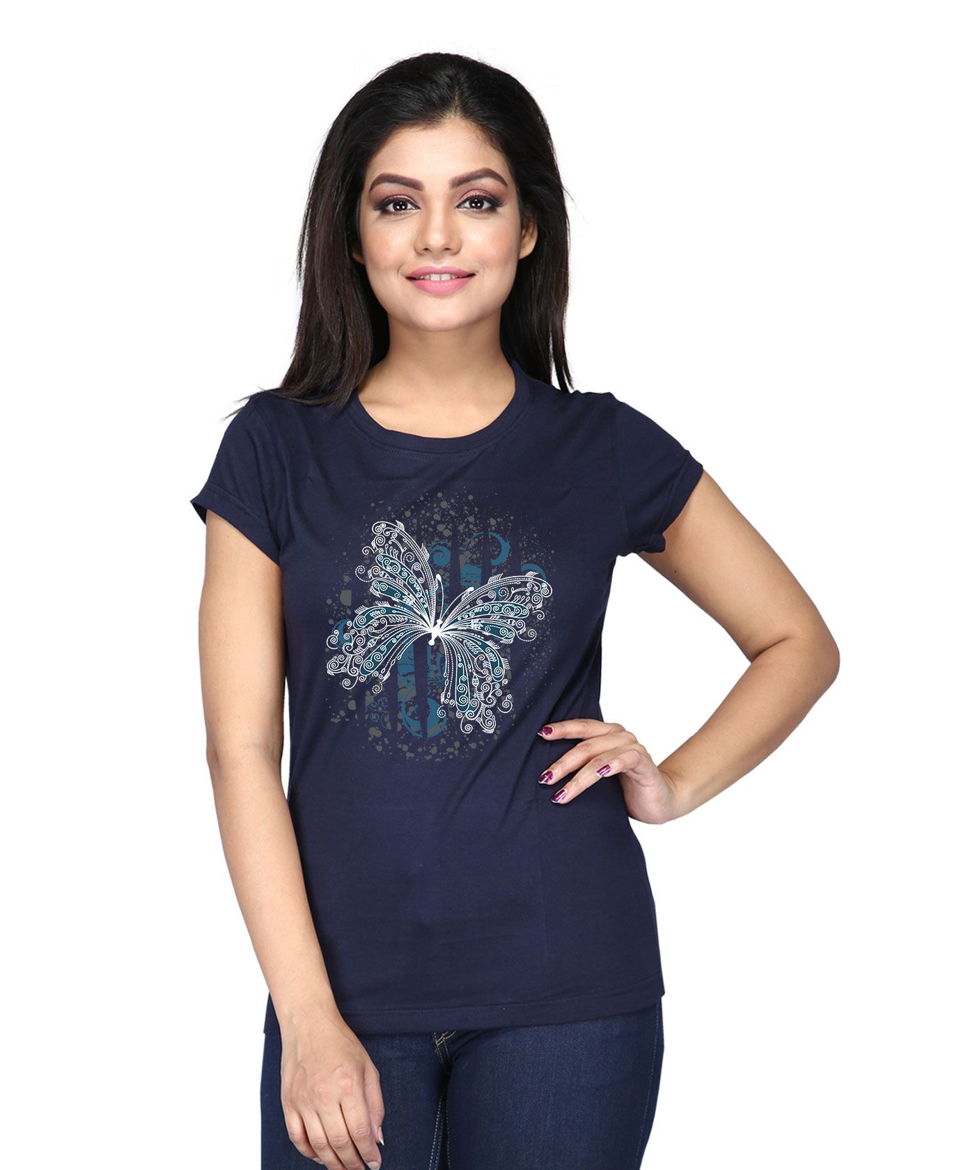 Butterfly - Premium Round Neck Cotton Tees for Women - Navy Blue